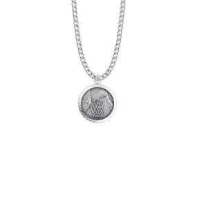 15/16 Inch Round Sterling Silver Boy's Basketball Medal with St. Christopher on Back