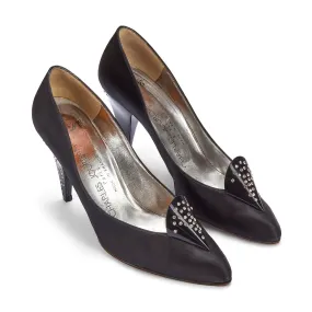 1970s Charles Jourdan for Raine Black Satin Diamante Heel Shoes