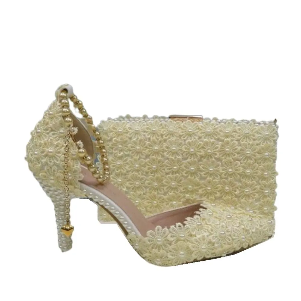 BAYA Women's Fashion Elegant Green Flower Lace Design Wedding Shoes with Matching Handbag