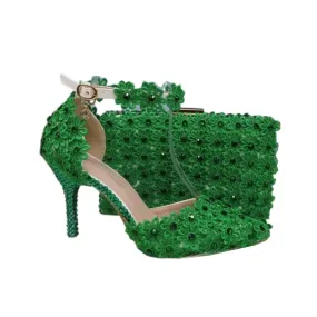 BAYA Women's Fashion Elegant Green Flower Lace Design Wedding Shoes with Matching Handbag
