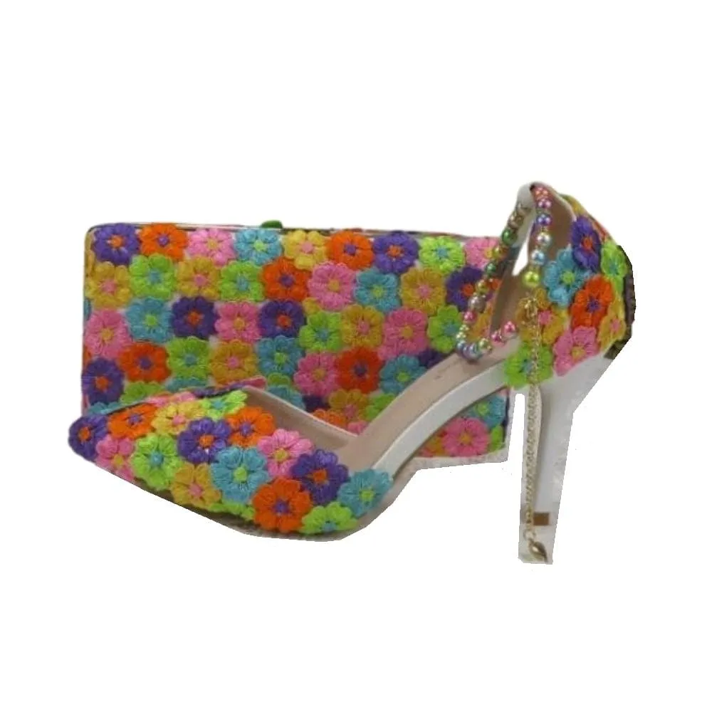 BAYA Women's Fashion Elegant Green Flower Lace Design Wedding Shoes with Matching Handbag