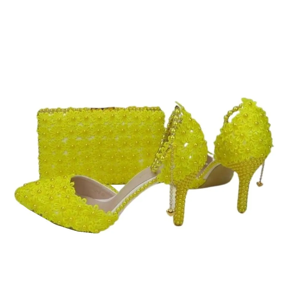BAYA Women's Fashion Elegant Green Flower Lace Design Wedding Shoes with Matching Handbag