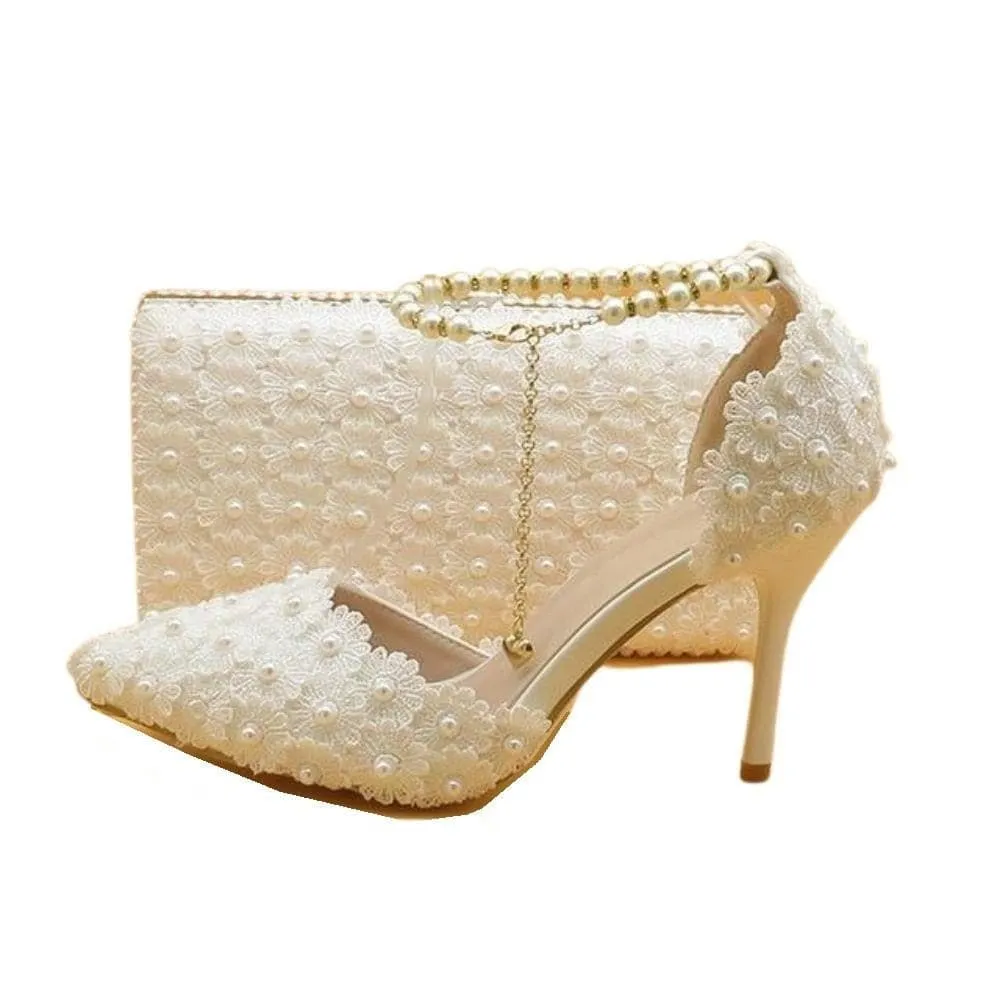 BAYA Women's Fashion Elegant Green Flower Lace Design Wedding Shoes with Matching Handbag