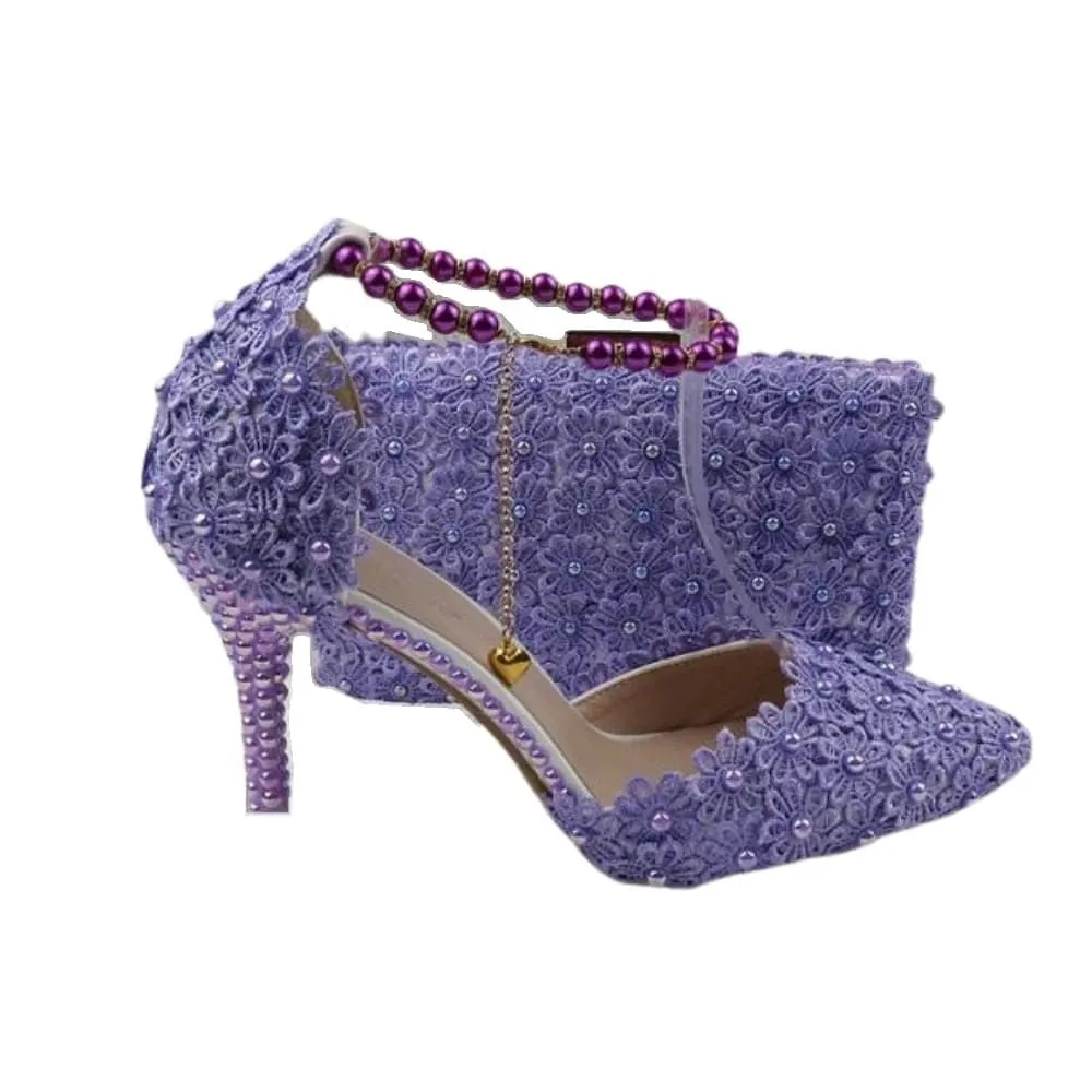 BAYA Women's Fashion Elegant Green Flower Lace Design Wedding Shoes with Matching Handbag