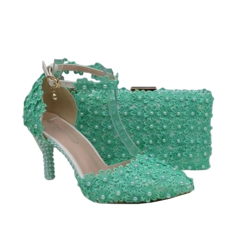 BAYA Women's Fashion Elegant Green Flower Lace Design Wedding Shoes with Matching Handbag