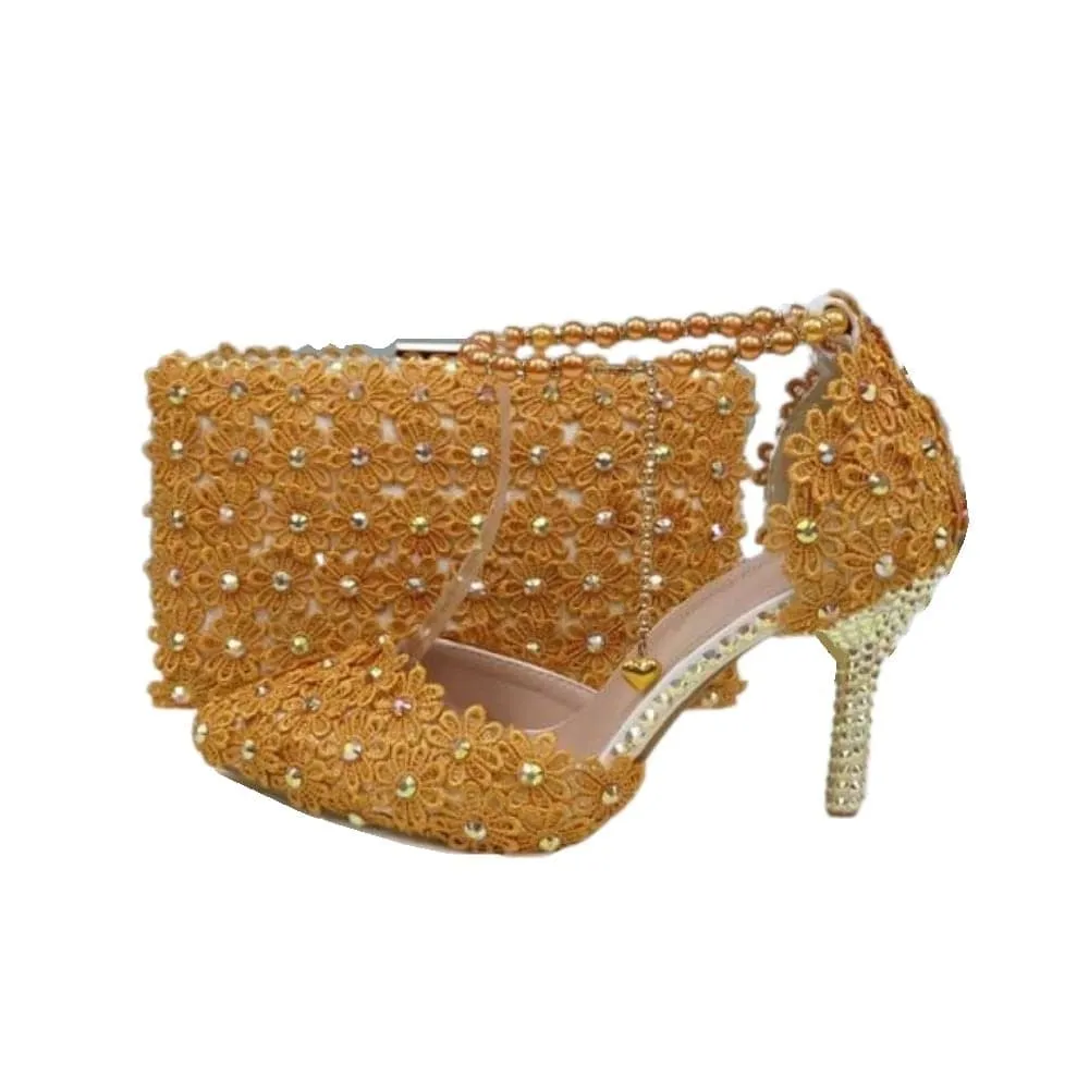 BAYA Women's Fashion Elegant Green Flower Lace Design Wedding Shoes with Matching Handbag