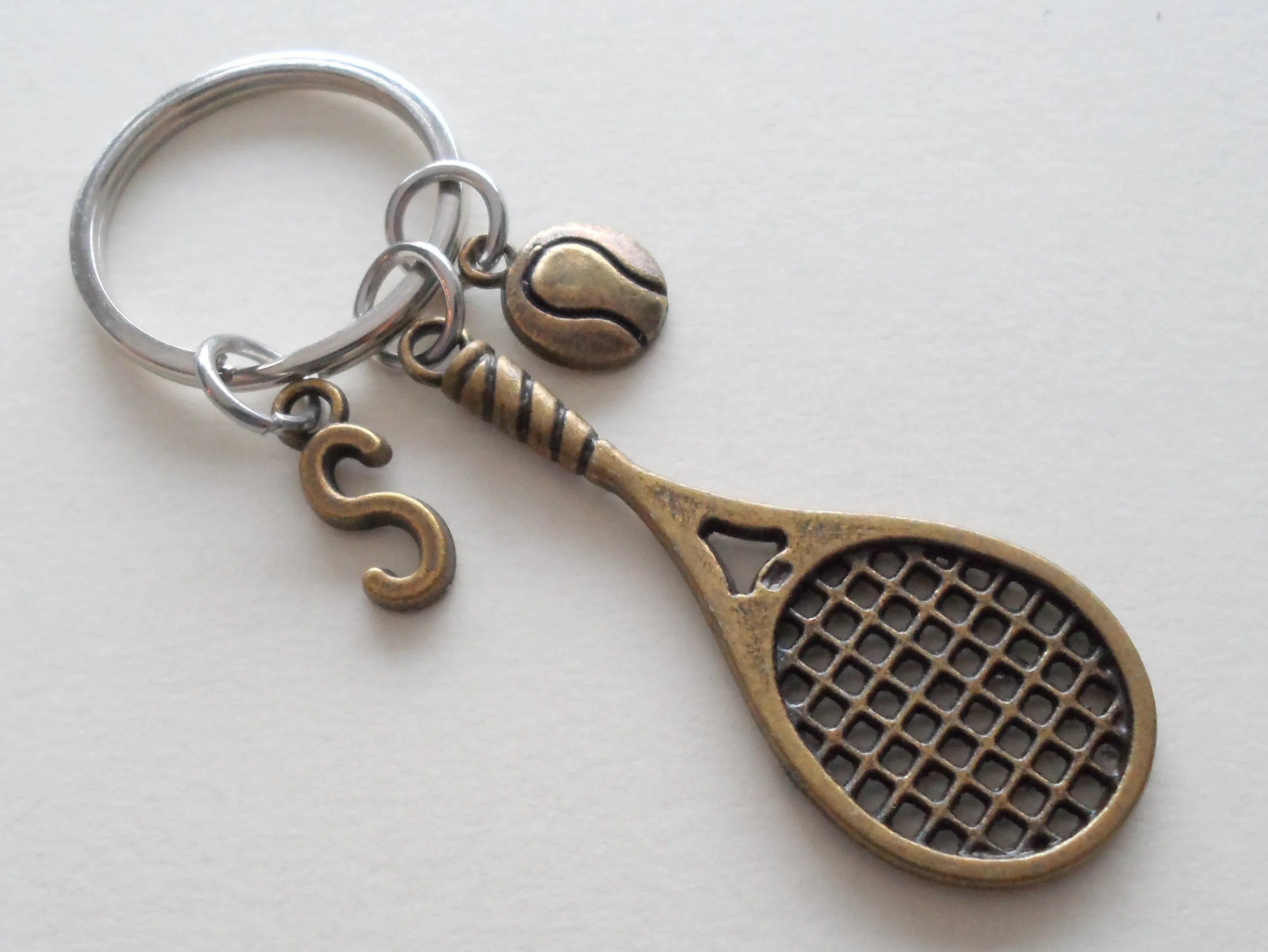 Bronze Tennis Racquet & Ball Charm Keychain, Graduate Keychain, Tennis Player Keychain
