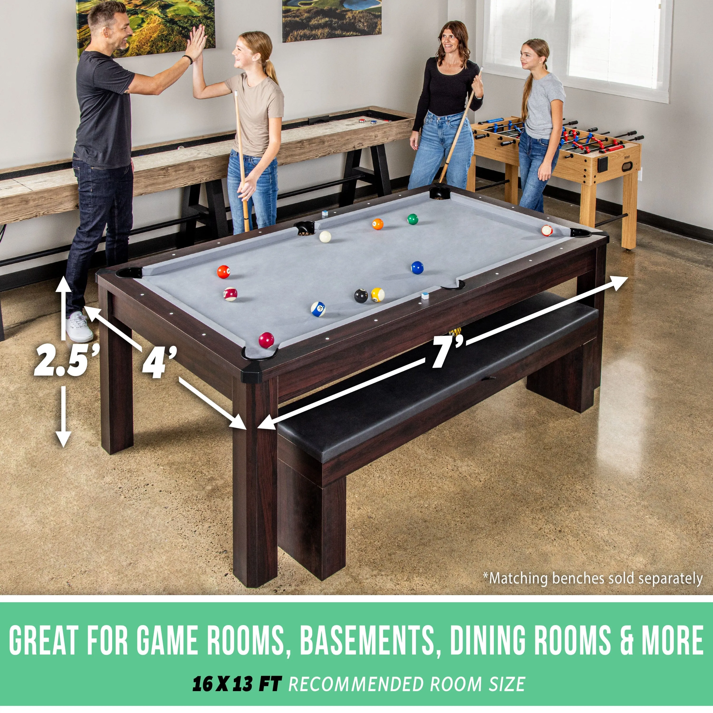 GoSports 7 ft 3 in 1 Pool, Dining, & Table Tennis Combo Table - Convertible Top Game Table with Billiards and Table Tennis Accessories