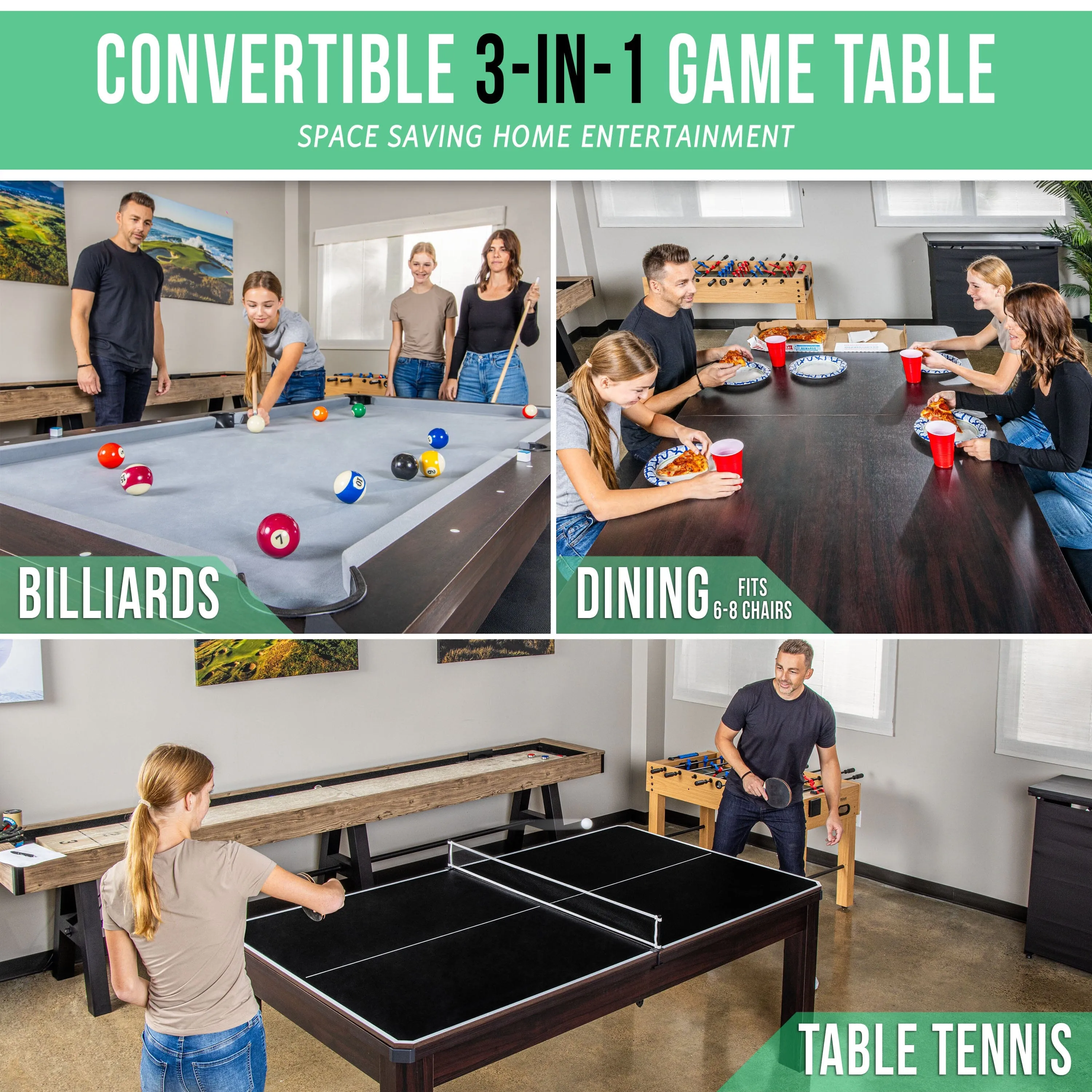 GoSports 7 ft 3 in 1 Pool, Dining, & Table Tennis Combo Table - Convertible Top Game Table with Billiards and Table Tennis Accessories