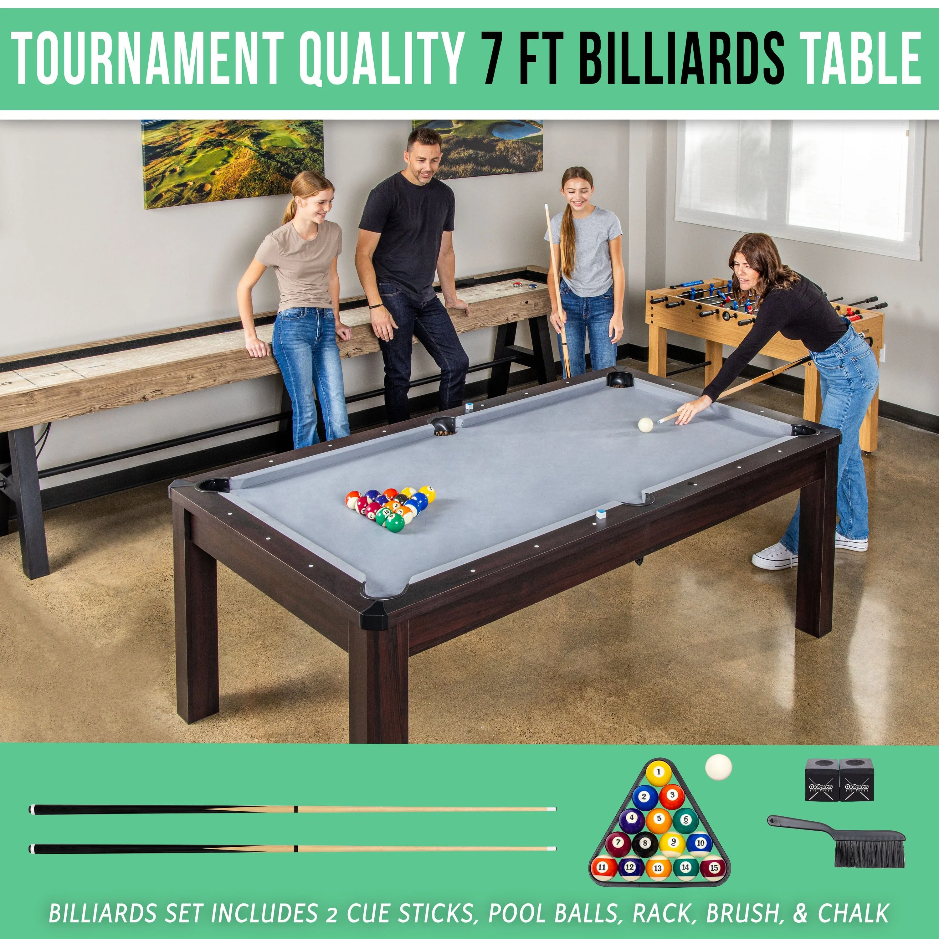 GoSports 7 ft 3 in 1 Pool, Dining, & Table Tennis Combo Table - Convertible Top Game Table with Billiards and Table Tennis Accessories