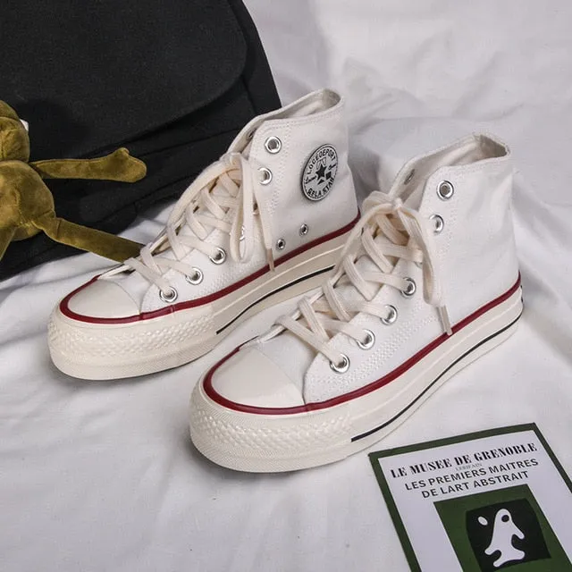 High-top 4cm Platform Canvas Women Shoes Retro Lace-up Ladies Casual Sneakers Outdoor Breathable Leisure Footwear Real Pictures