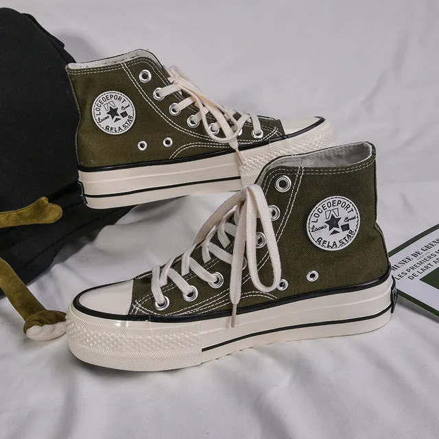 High-top 4cm Platform Canvas Women Shoes Retro Lace-up Ladies Casual Sneakers Outdoor Breathable Leisure Footwear Real Pictures