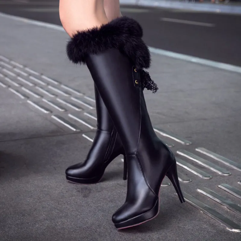 Knee high snow boots fur lining stiletto platform winter boots