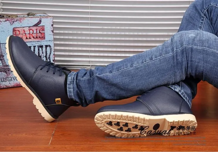 Men's Solid Color Warm PU Leather Boots