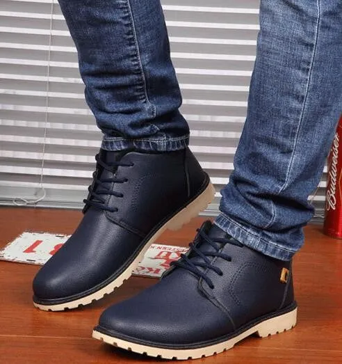 Men's Solid Color Warm PU Leather Boots
