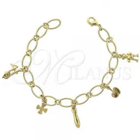 Oro Laminado Charm Bracelet, Gold Filled Style Shoes and Teddy Bear Design, Polished, Golden Finish, 03.63.0337