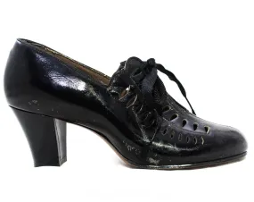Size 6 Flapper Shoe - 1920s Black Glossy Leather Pumps with Cutwork - Teardrop Cutout Oxfords - Authentic 20s 30s Unworn NOS Deadstock