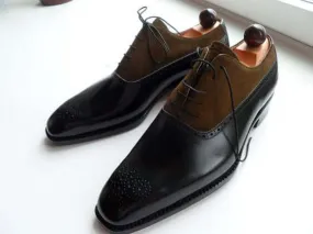 Stylish Men's Handmade Chocolate Brown Leather & Suede Lace Up shoes, Men Stylish Dress shoes