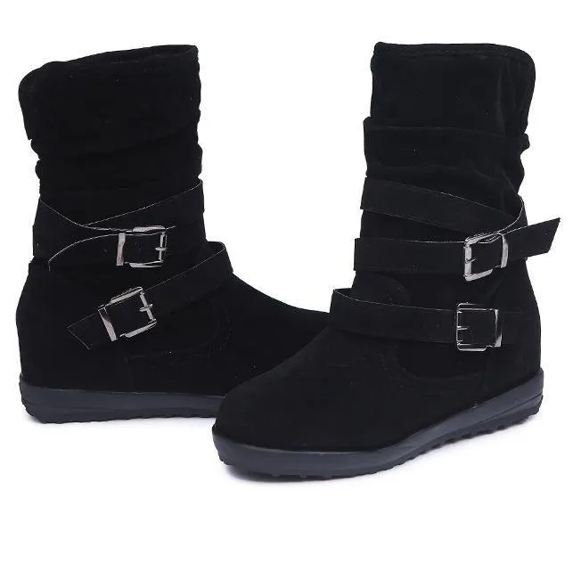 Warm lined mid calf slouch boots with buckle straps