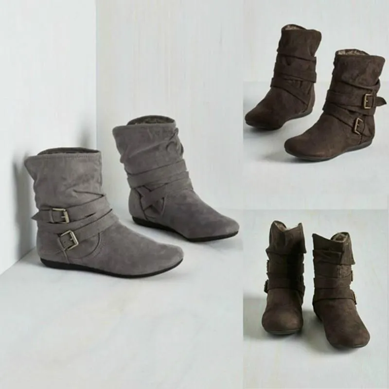 Warm lined mid calf slouch boots with buckle straps