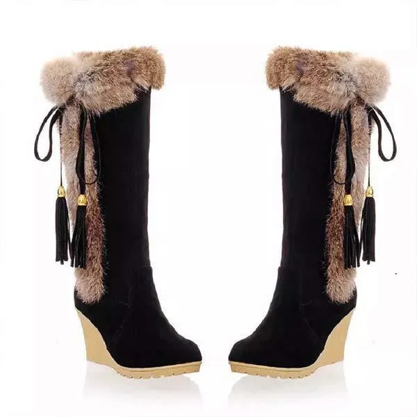 Women'S Rabbit Fur Warm Wedge Snow Boots