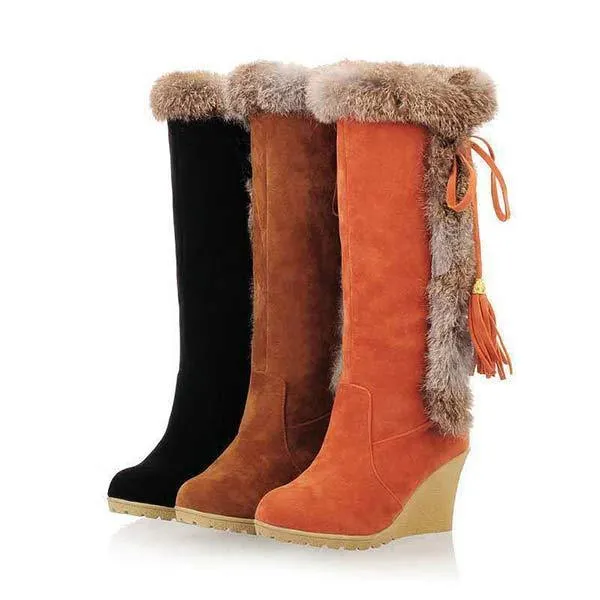 Women'S Rabbit Fur Warm Wedge Snow Boots