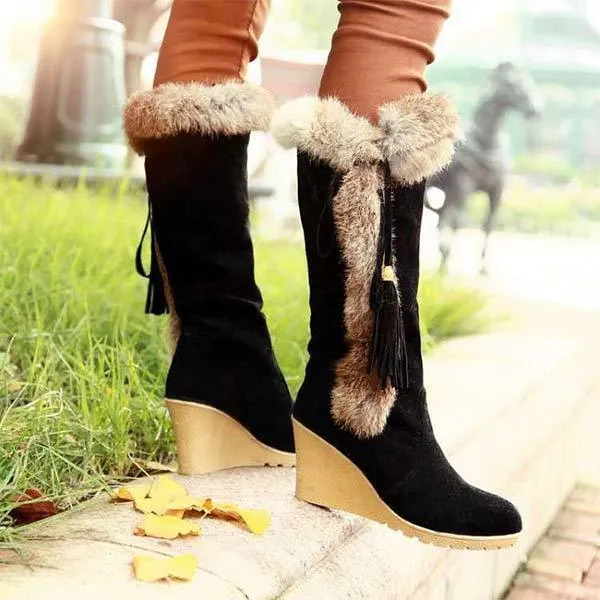 Women'S Rabbit Fur Warm Wedge Snow Boots