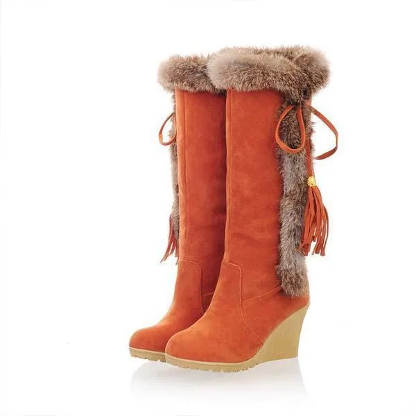 Women'S Rabbit Fur Warm Wedge Snow Boots