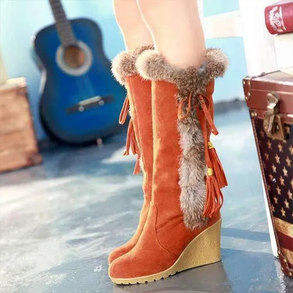 Women'S Rabbit Fur Warm Wedge Snow Boots