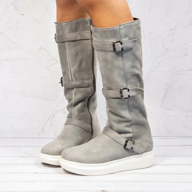 Women's Winter Warm Mid-Calf Snow Flat Boots With Buckles