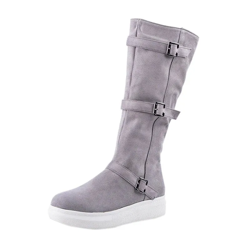 Women's Winter Warm Mid-Calf Snow Flat Boots With Buckles