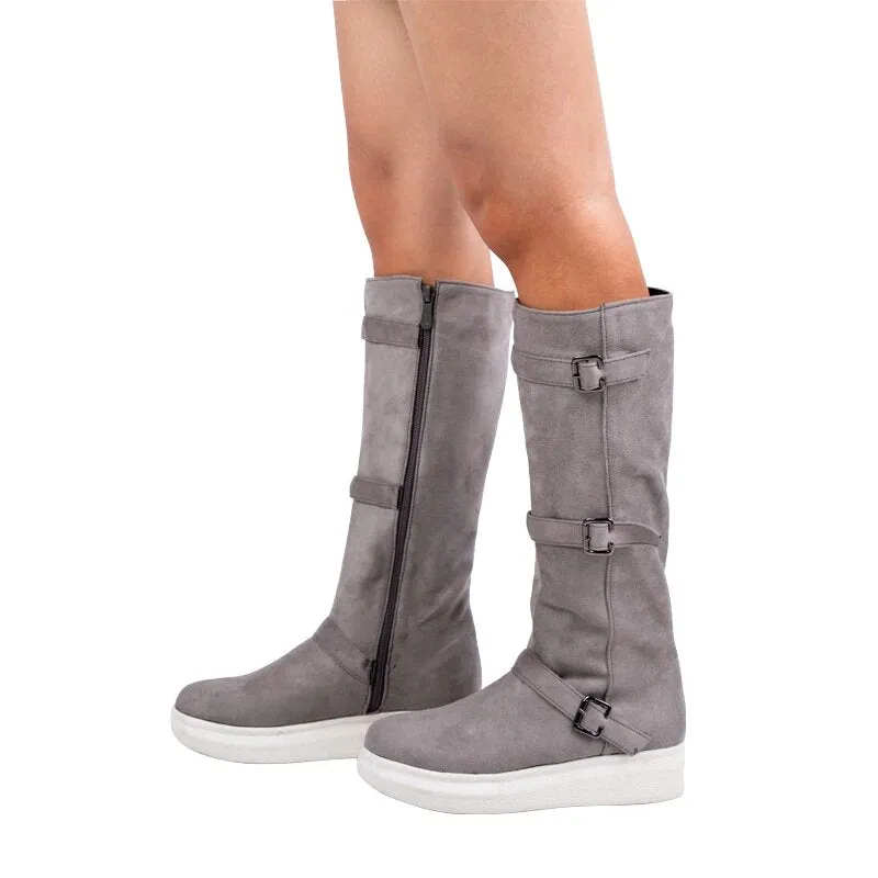 Women's Winter Warm Mid-Calf Snow Flat Boots With Buckles